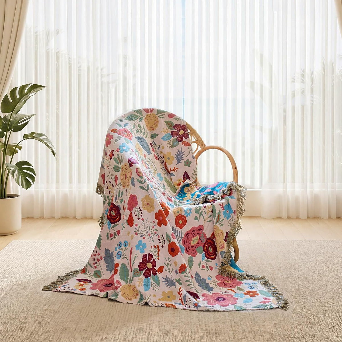 Boho Floral Cotton Throw Blanket