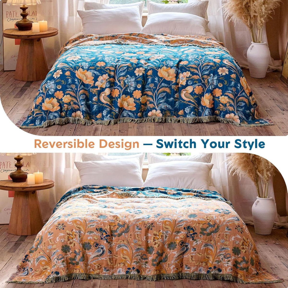 Boho Floral Cotton Throw Blanket