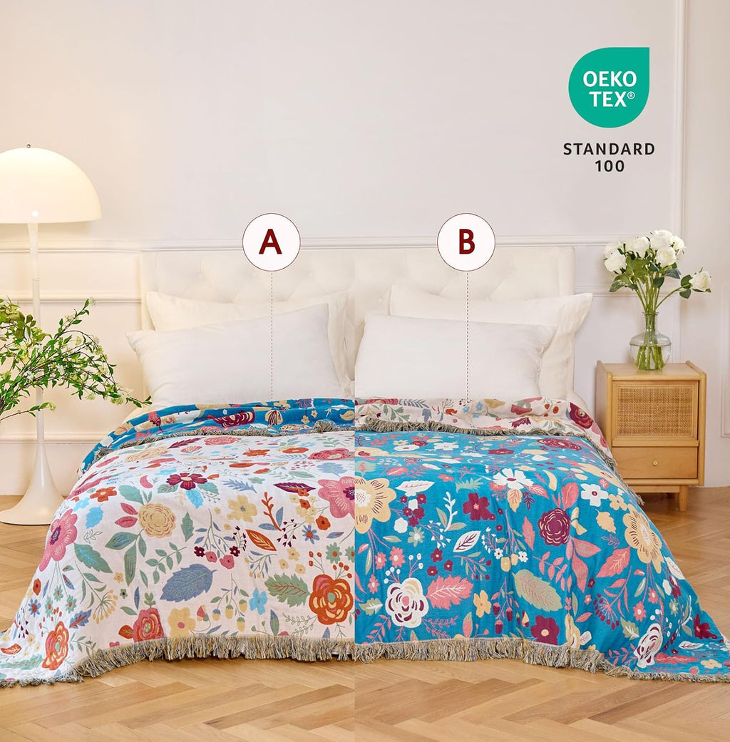 Boho Floral Cotton Throw Blanket