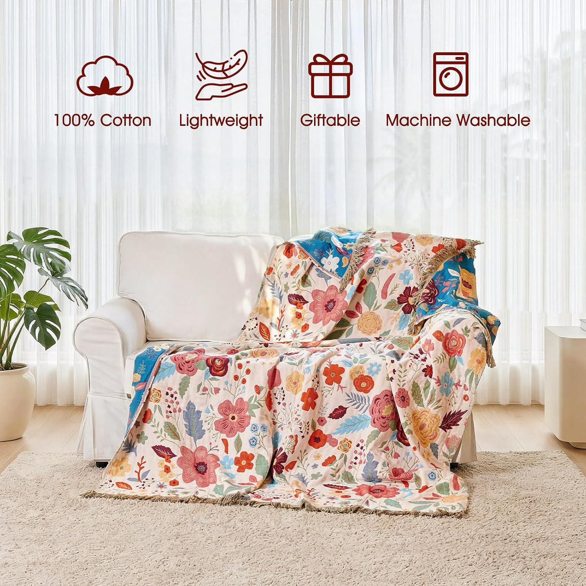 Boho Floral Cotton Throw Blanket
